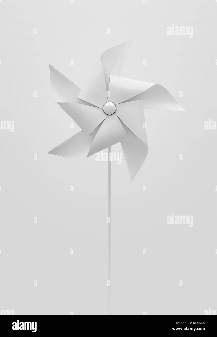 Un jouet ordinaire moulin avec roue à ailettes de couleur blanche sur un bâton sur un fond isolé - 3D render Banque D'Images