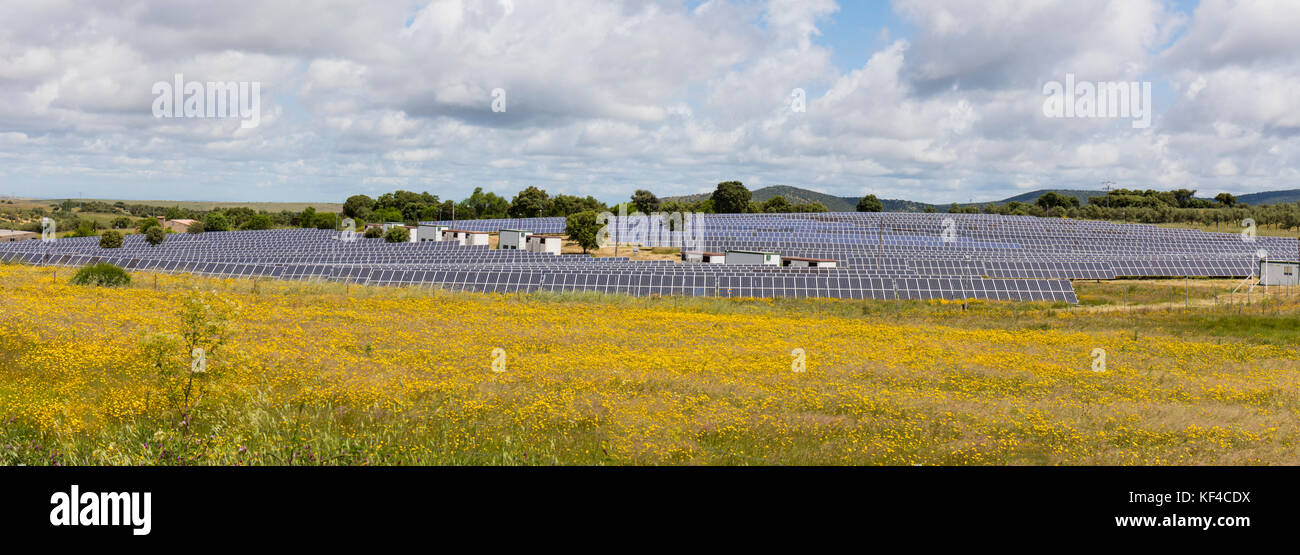 Près de Madroñera, province de Caceres, Estrémadure, Espagne. Panneaux solaires. Banque D'Images