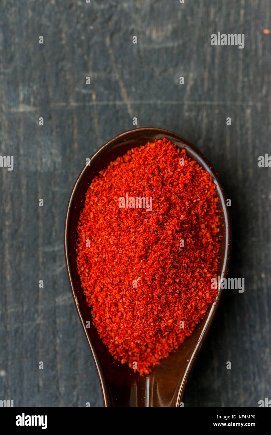 Close up spoon rempli d'épices paprika rouge foncé sur fond de bois Banque D'Images Close up spoon rempli d'épices paprika rouge foncé sur fond de bois Banque D'Images