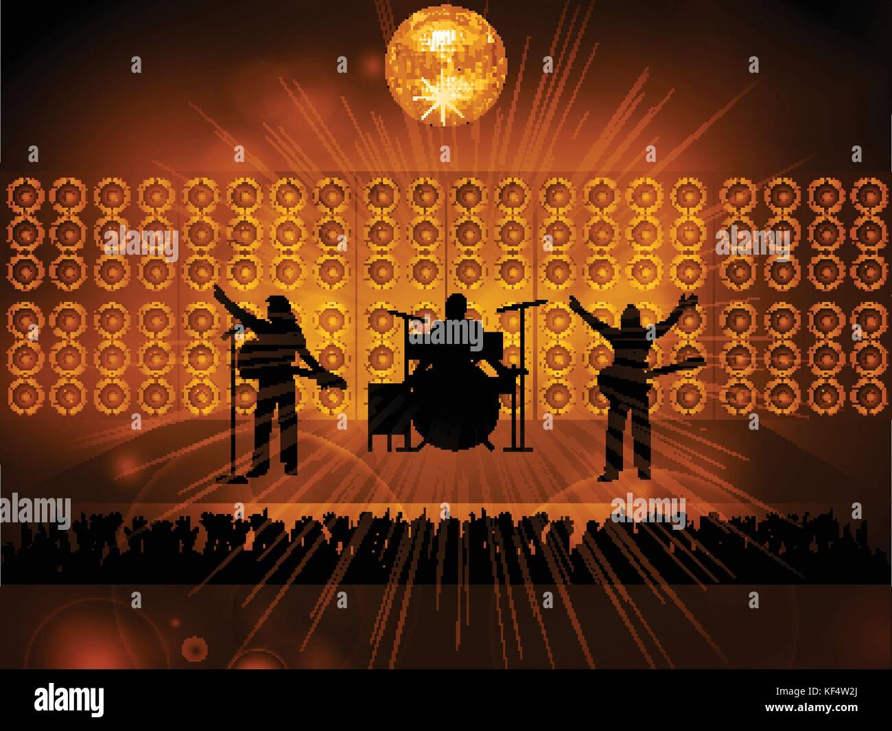 Pop rock music band silhouette sur scène avec haut-parleurs boule disco et foule sur fond lumineux Illustration de Vecteur