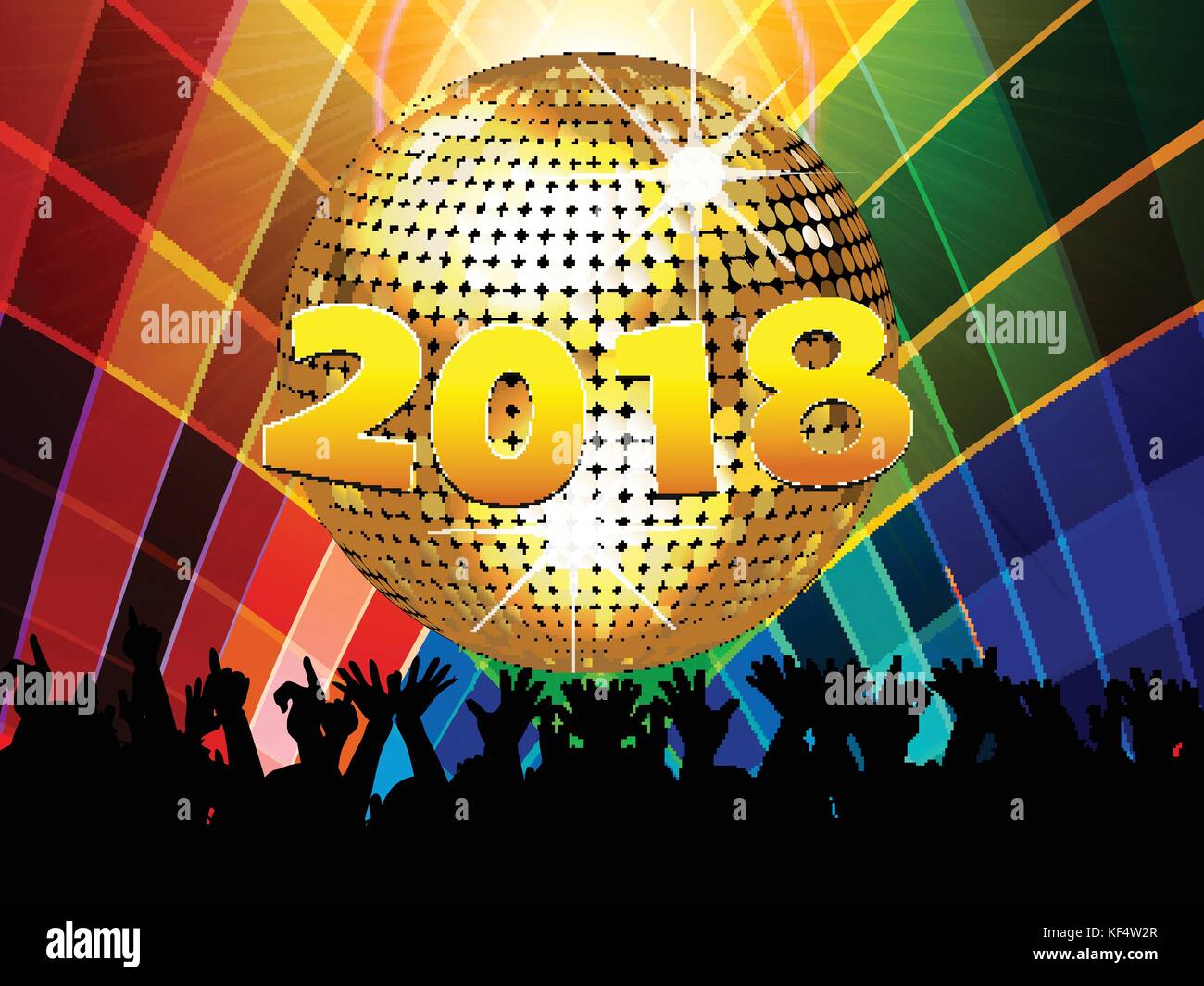 Nouvelles années vingt dix-huitième célébration contexte multicolores avec boule disco foule et 2018 en chiffres Illustration de Vecteur
