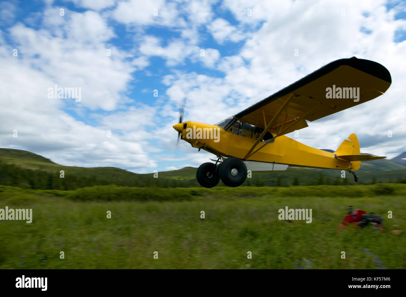 Super cub jaune avion de brousse au décollage à un vert luxuriant domaine d'Alaska avec équipement de camping et randonnée historique en photo plein ciel close up Banque D'Images
