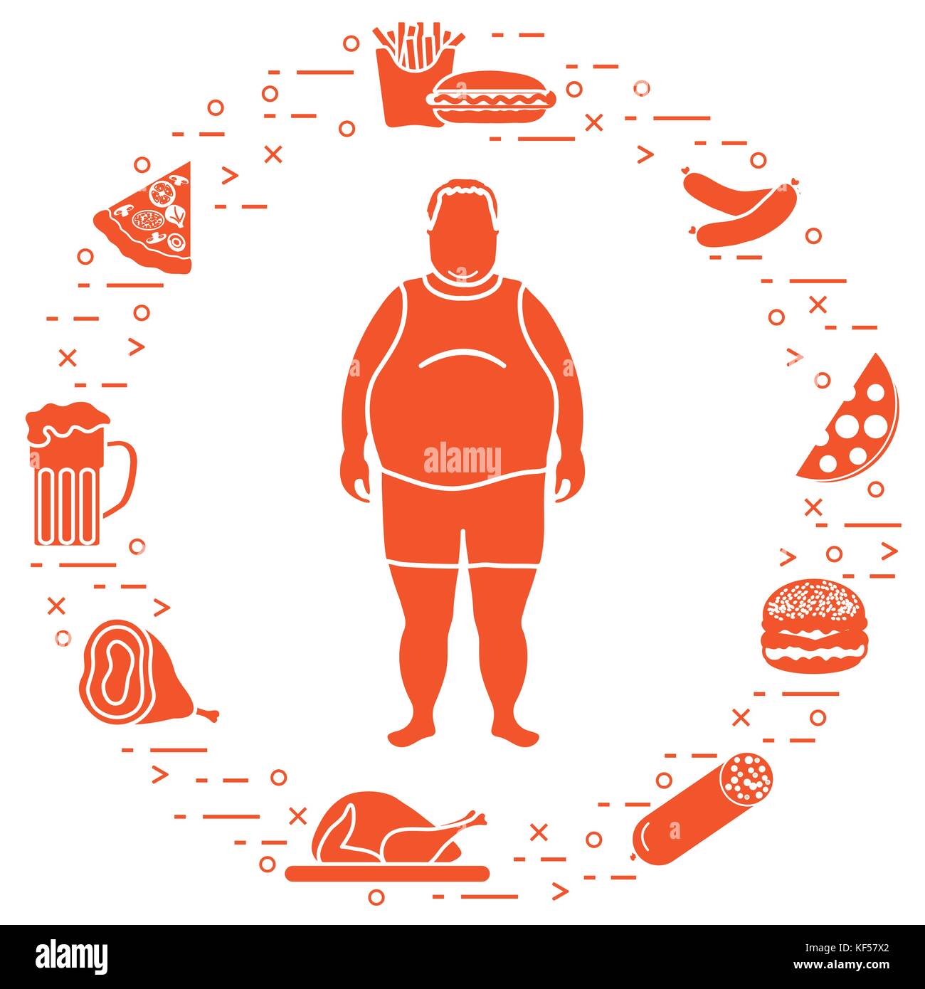 Fat Man avec symboles de vie malsain autour de lui. les habitudes alimentaires. pour la conception et l'impression de bannières. Illustration de Vecteur