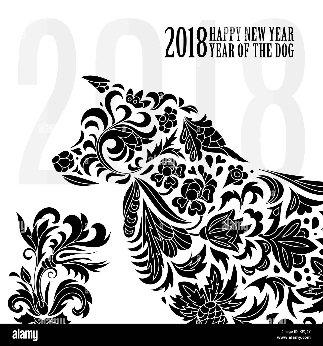 2018 Message d'accueil. Nouvel an chinois carte avec chien stylisé. Une couleur imprimer. vector illustration. Illustration de Vecteur