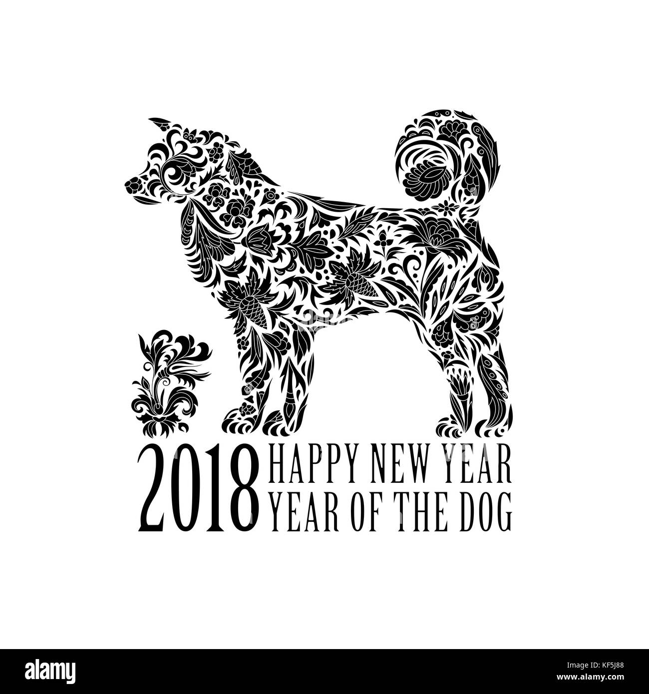 2018 Message d'accueil. Nouvel an chinois carte avec chien stylisé. Une couleur imprimer. vector illustration. Illustration de Vecteur