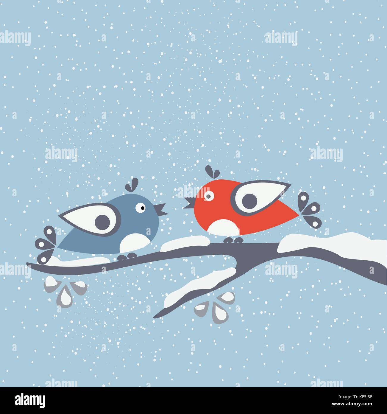 Deux oiseaux assis sur une branche dire 'bonjour' hiver. bonjour l'hiver avec carte cartoon un oiseaux sur une branche couverte de neige. chemin d'hiver. salutation ca Illustration de Vecteur