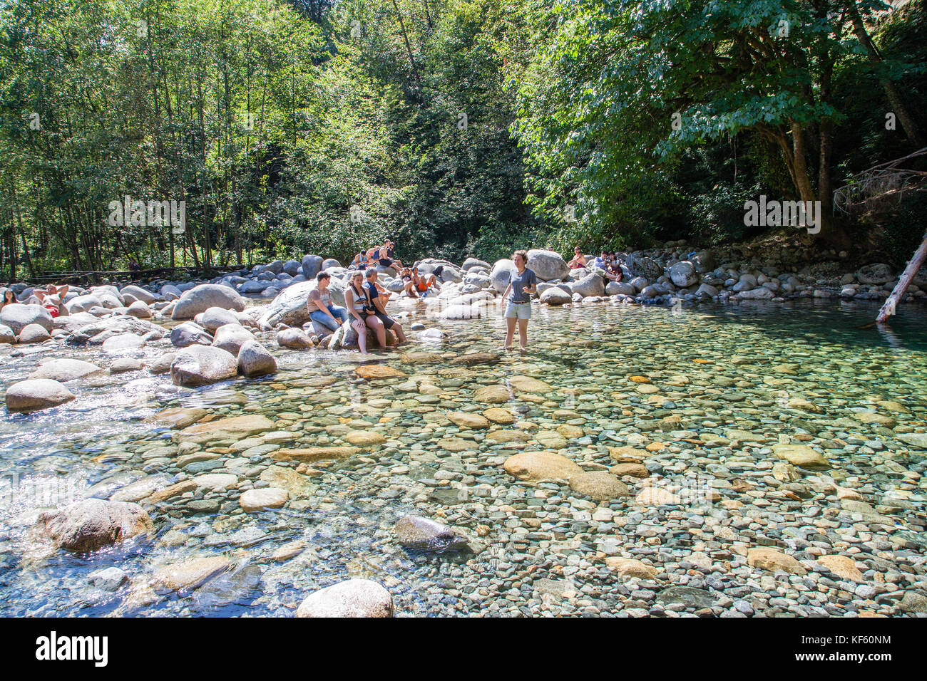 North Vancouver, Canada - 15 août 2017 : les visiteurs se rafraîchissent à la piscine de 30 pieds dans Lynn Canyon Park à North Vancouver. Banque D'Images
