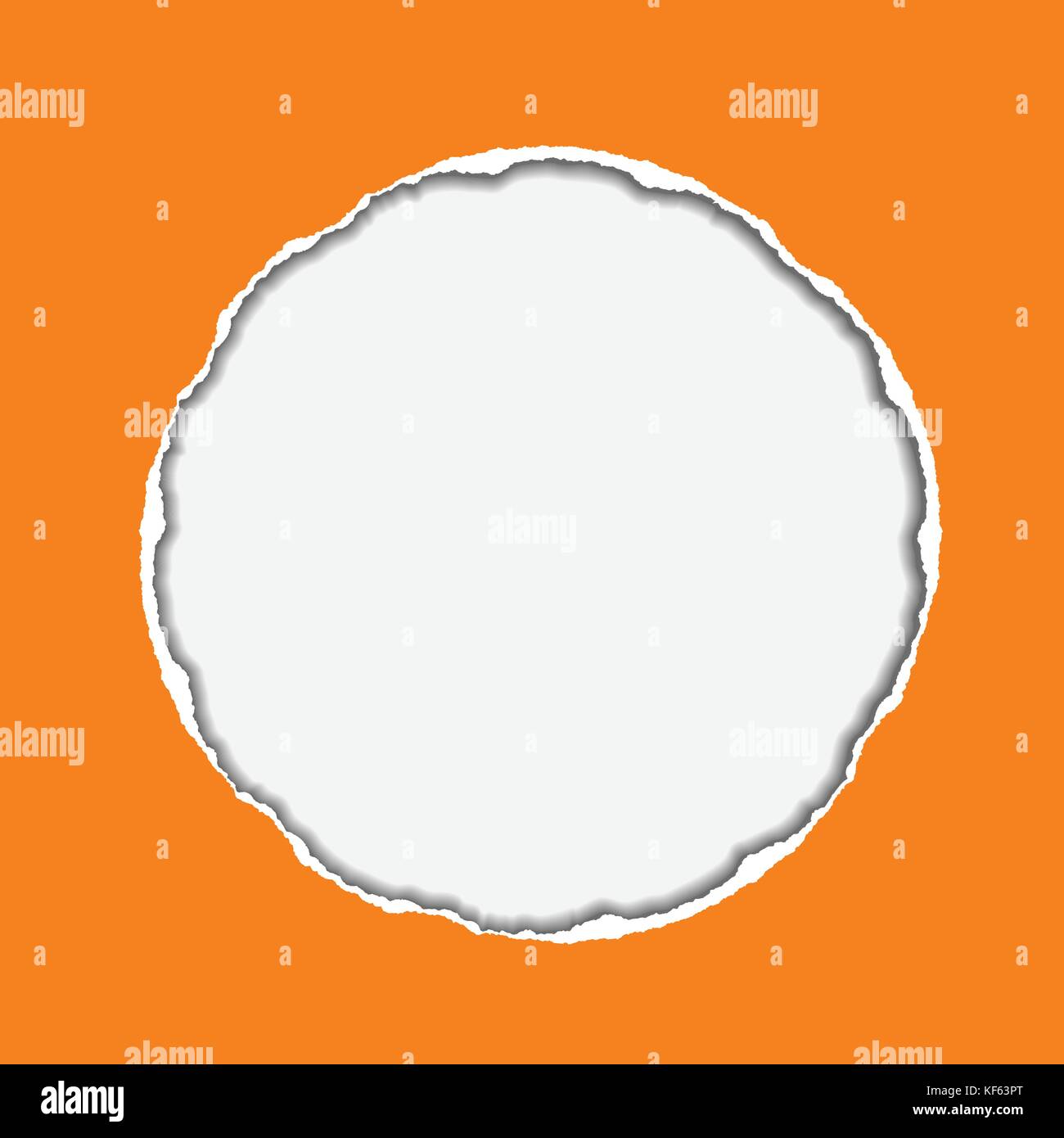 Vector illustration réaliste d'orange papier déchiré avec ombre et trou de forme circulaire sur fond bleu avec cadre pour le texte Illustration de Vecteur