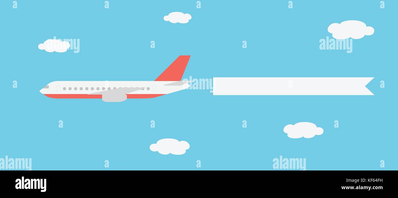 Vector illustration réaliste et d'un grand avion de ligne rapide avec une bannière battant entre les nuages sur un ciel bleu - convient pour la publicité Illustration de Vecteur