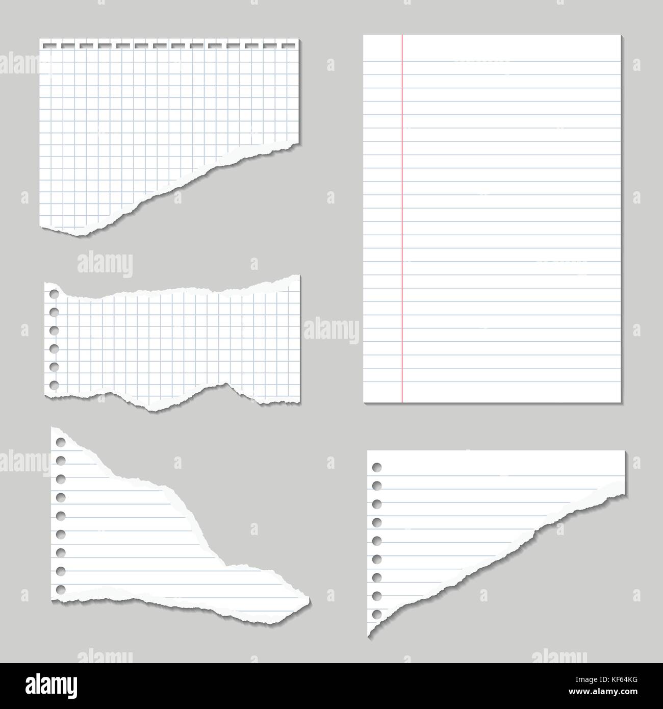 Série d'illustrations vectorielles de pages déchirées d'un ordinateur portable et papier quadrillé avec ombre Illustration de Vecteur