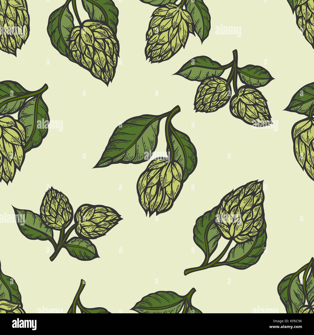 Hop vector pattern transparente. hand drawn bière houblon vert artistique avec des feuilles sur fond blanc. Papier peint à l'ancienne Illustration de Vecteur