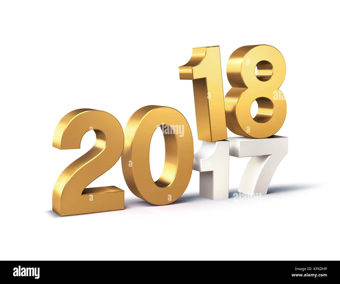 Or 2018 Date dactylographiée au-dessus de 2017, isolé sur blanc - illustration 3D. Banque D'Images