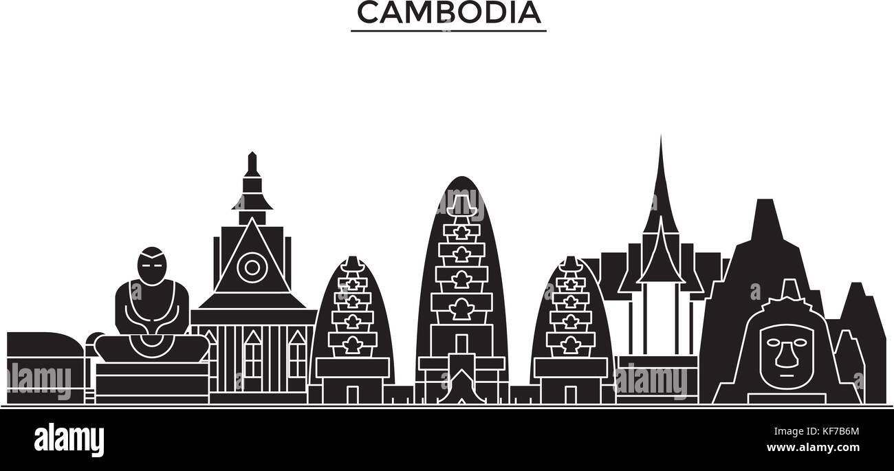 Cambodge les toits de la ville, vecteur de l'architecture paysage urbain voyage avec des repères, des bâtiments, sites isolés sur l'arrière-plan Illustration de Vecteur