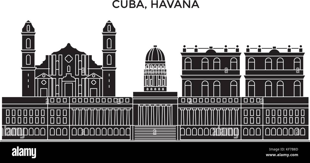 Cuba, La Havane ville architecture vector city skyline, paysage urbain voyage avec des repères, des bâtiments, sites isolés sur l'arrière-plan Illustration de Vecteur