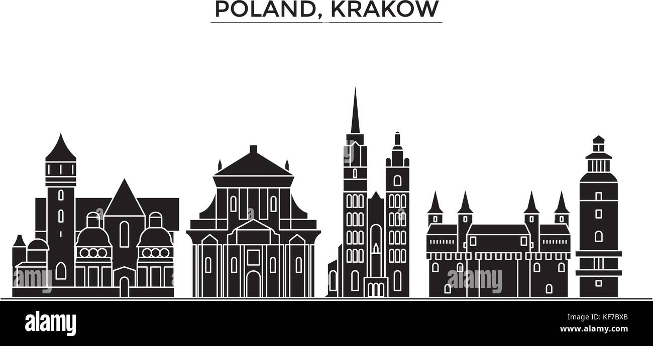 Pologne Cracovie, vecteur de l'architecture de la ville, paysage urbain voyage avec des repères, des bâtiments, sites isolés sur l'arrière-plan Illustration de Vecteur