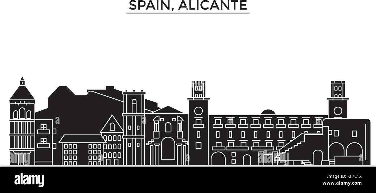 L'Espagne, Alicante ville vecteur architecture, paysage urbain voyage avec des repères, des bâtiments, sites isolés sur l'arrière-plan Illustration de Vecteur