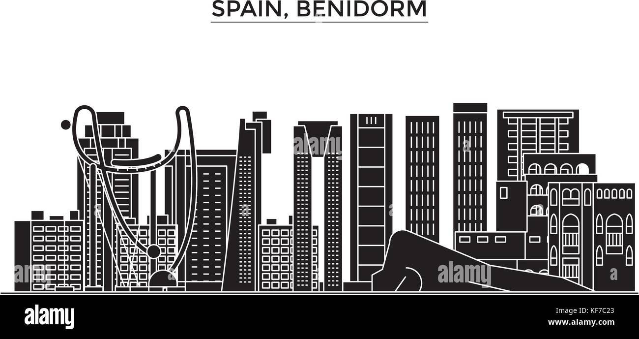 Benidorm espagne, vecteur de l'architecture de la ville, paysage urbain voyage avec des repères, des bâtiments, sites isolés sur l'arrière-plan Illustration de Vecteur