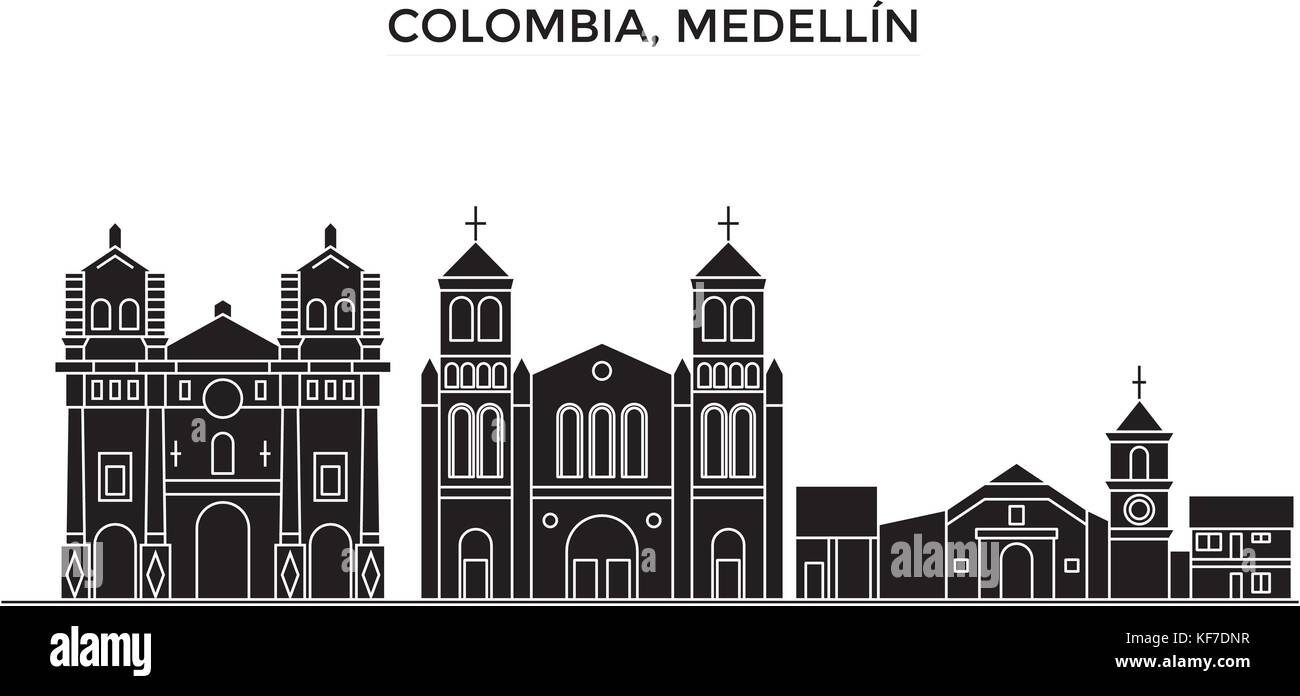 La Colombie, Medellin, ville vecteur architecture paysage urbain noir avec des repères, des sites isolés sur l'arrière-plan Illustration de Vecteur