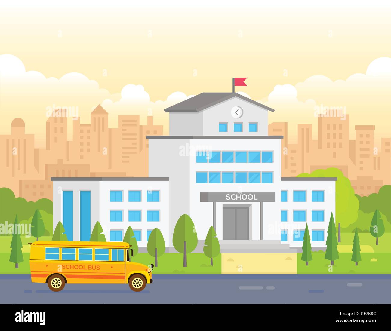 La ville l'école bâtiment avec bus jaune - modern vector illustration Illustration de Vecteur