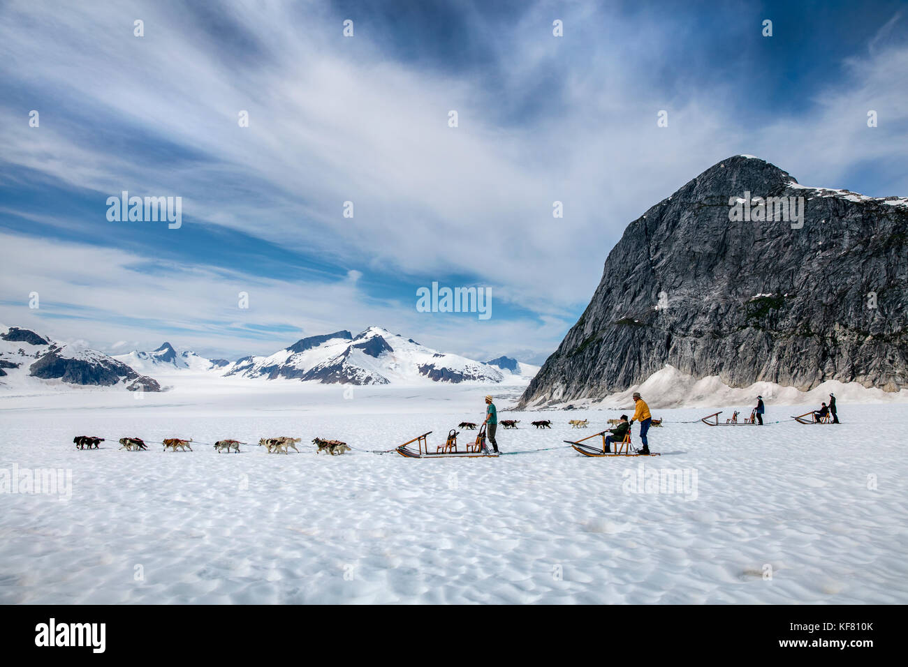 Usa, Alaska, Juneau, les chiens courir sur la montagne gardien ci-dessous juneau icefield helicopter tour en traîneau à chiens, vous vole sur le glacier à l'helimush taku Banque D'Images