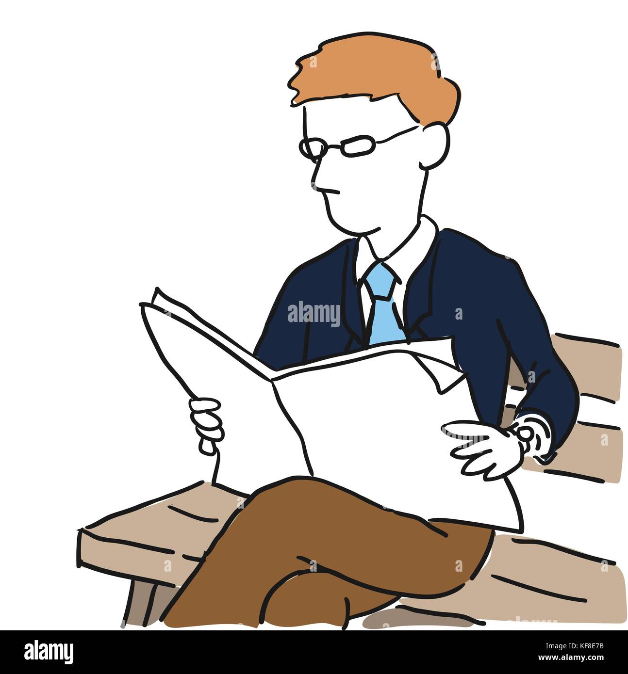 Illustration businessman reading newspaper sur banc en bois - dessin de ligne simple illustration. Illustration de Vecteur