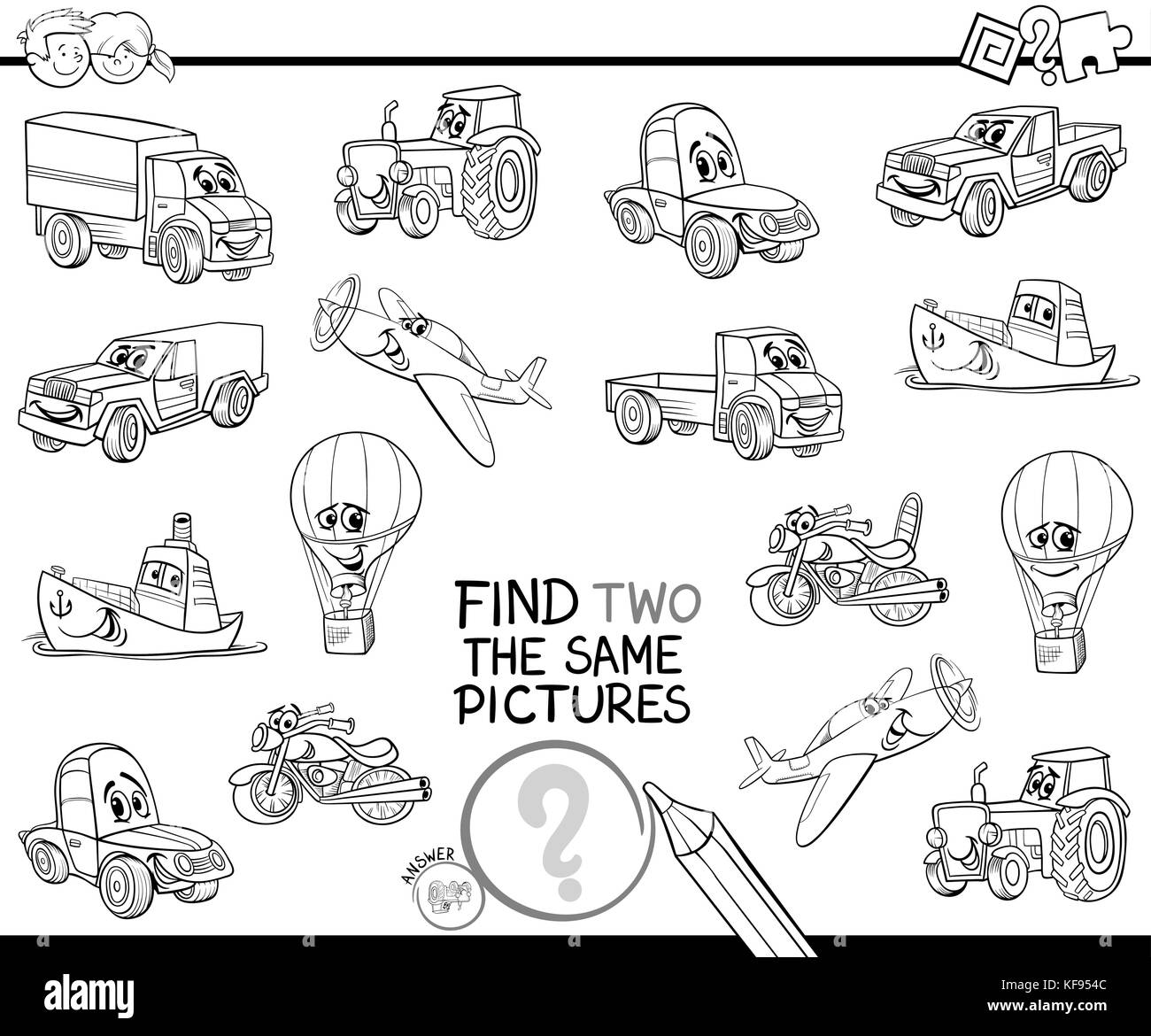 Illustration cartoon noir et blanc de trouver deux images identiques de l'activité pédagogique jeu pour les enfants avec des caractères de véhicules de transport livre Illustration de Vecteur