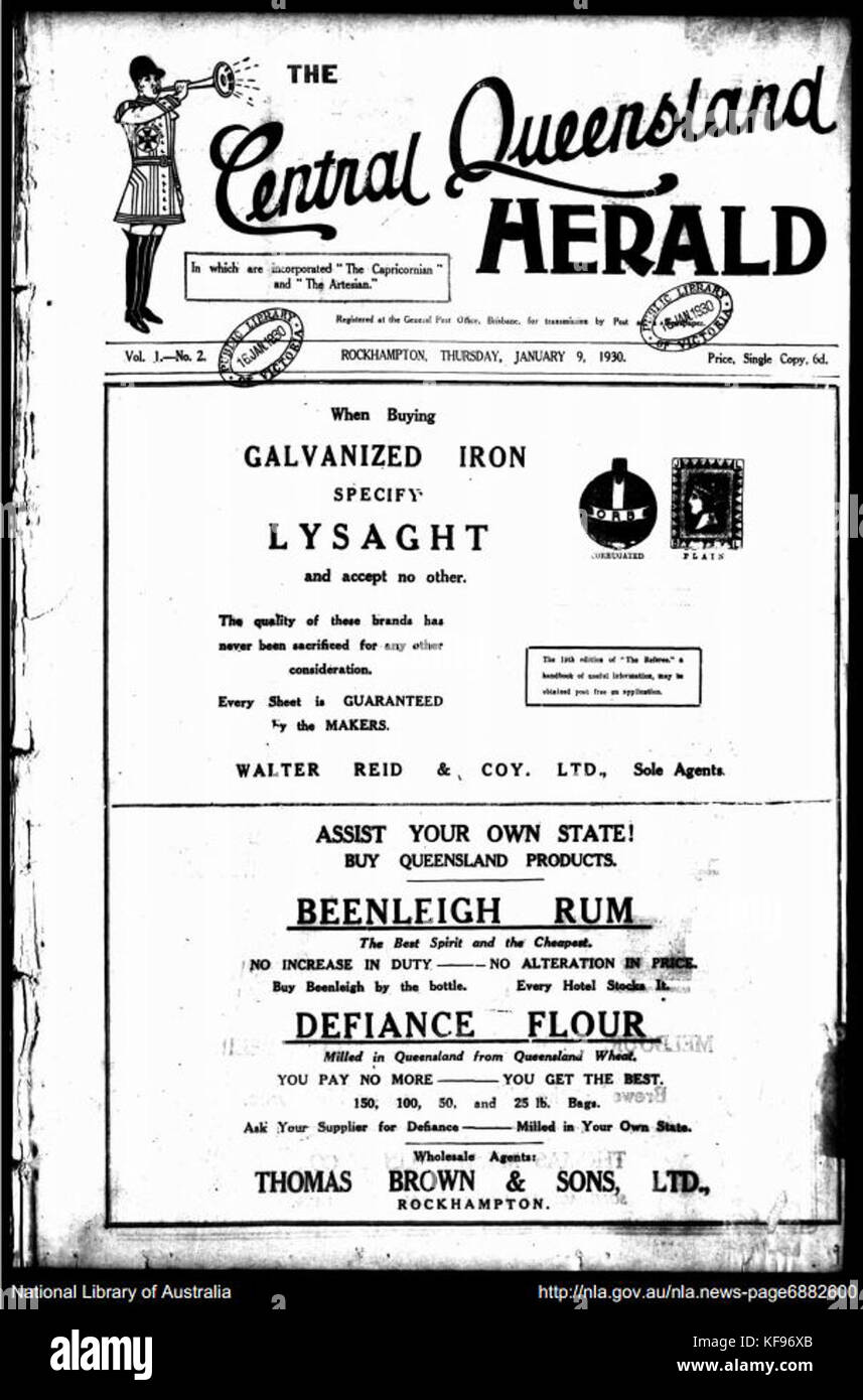 Queensland central Herald le 9 janvier 1930 Banque D'Images