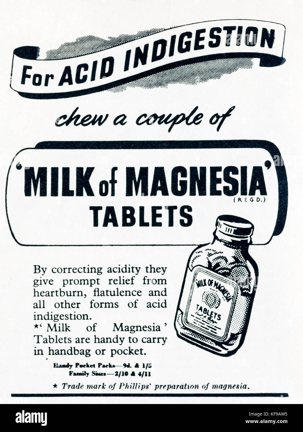 Un magazine 1950 publicité pour le lait de magnésie Comprimés. Banque D'Images