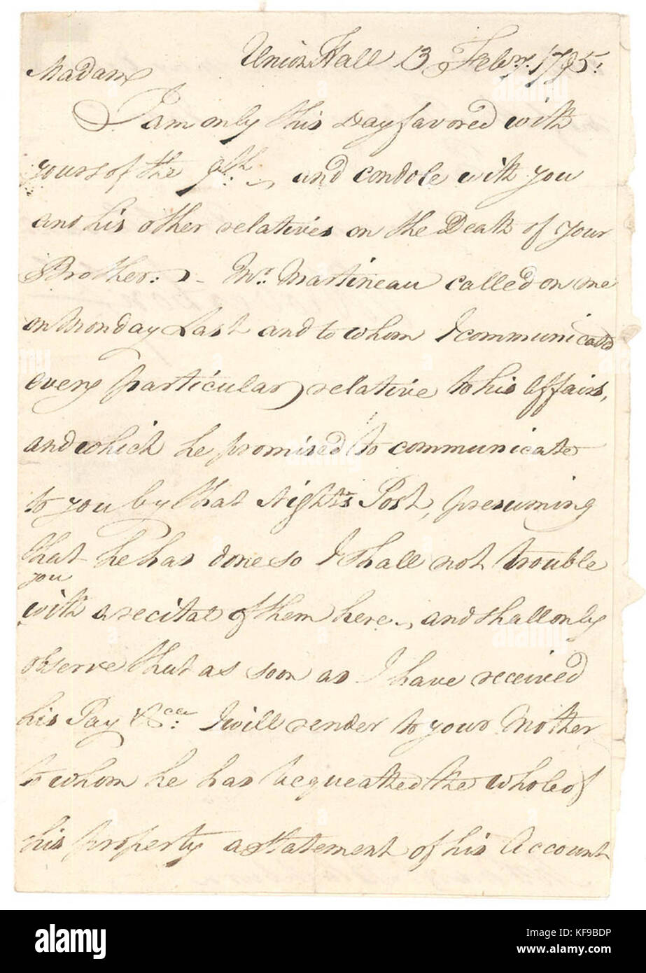 820627 Lettre à Margaret Blackburn de l'agent B 13 Feb 1795 Robertson Banque D'Images