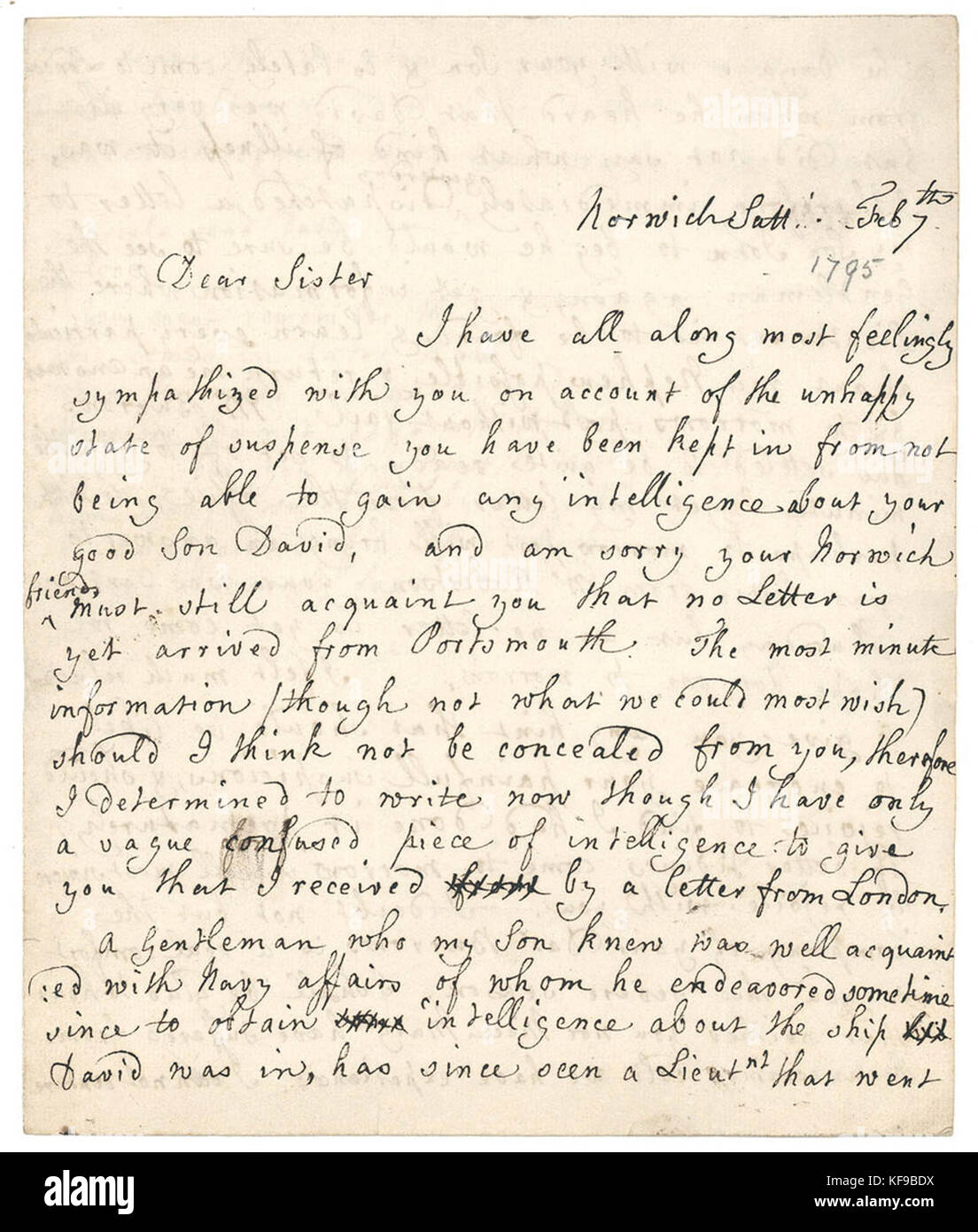 820603 Lettre à Mme Elizabeth Blackburn de sa sœur S Martineau 7 Feb 1795 Banque D'Images