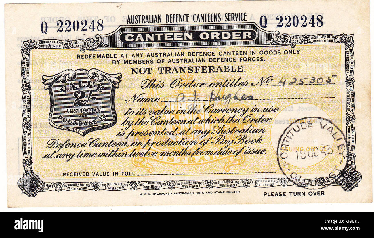 Un enregistrement d'une commande de 1943 de la cantine de la Défense australienne, soulignant le rôle des services de soutien militaire pendant la seconde Guerre mondiale en Australie. Banque D'Images