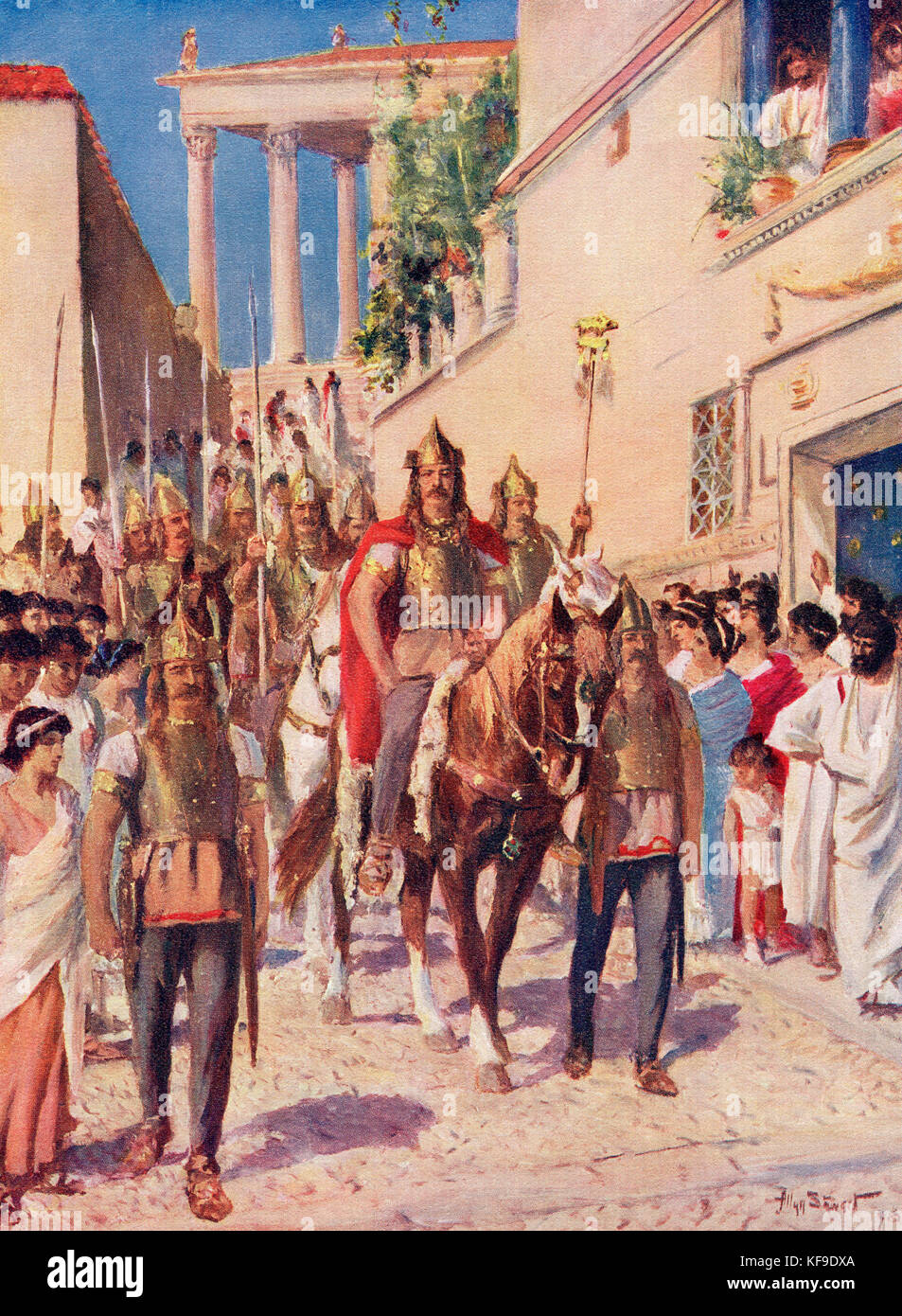 Alaric entre à Athènes après avoir conquis la ville en 395. Alaric I, c. 370/ 375 – 410. Premier roi des Wisigoths. D'après le tableau d'Allan Stewart, (1865-1951). Extrait de l'Histoire des Nations de Hutchinson, publié en 1915. Banque D'Images