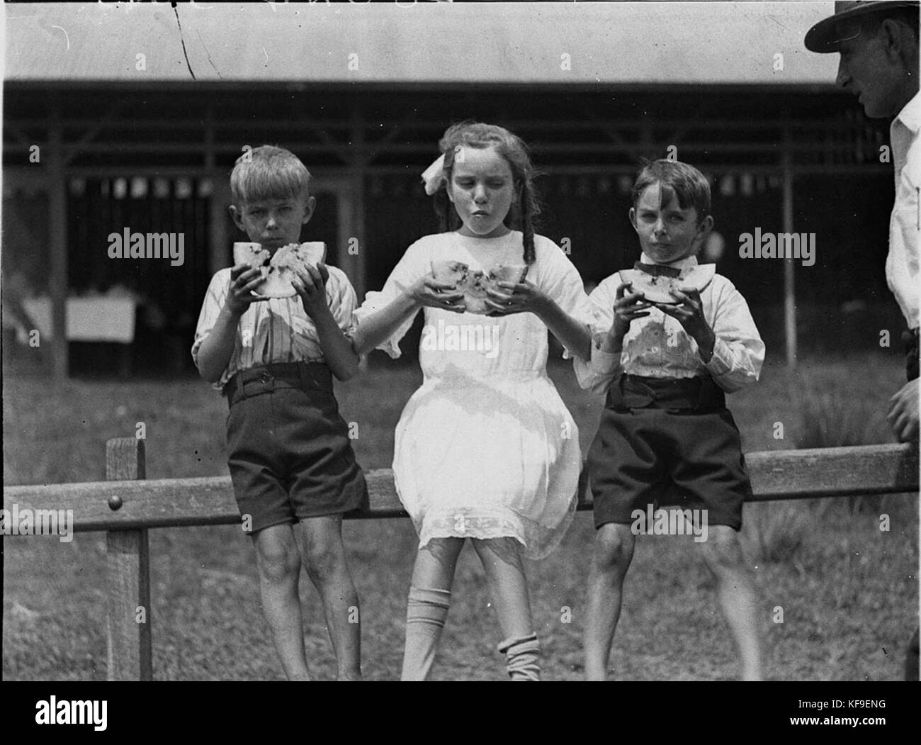 51371 enfants deux garçons et une fille de manger des tranches de pastèque Banque D'Images