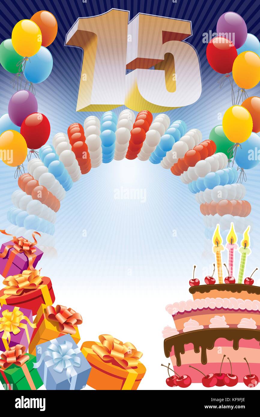 Arrière-plan avec des éléments de conception et le gâteau d'anniversaire. l'affiche ou une invitation pour 15 ans ou anniversaire. Illustration de Vecteur