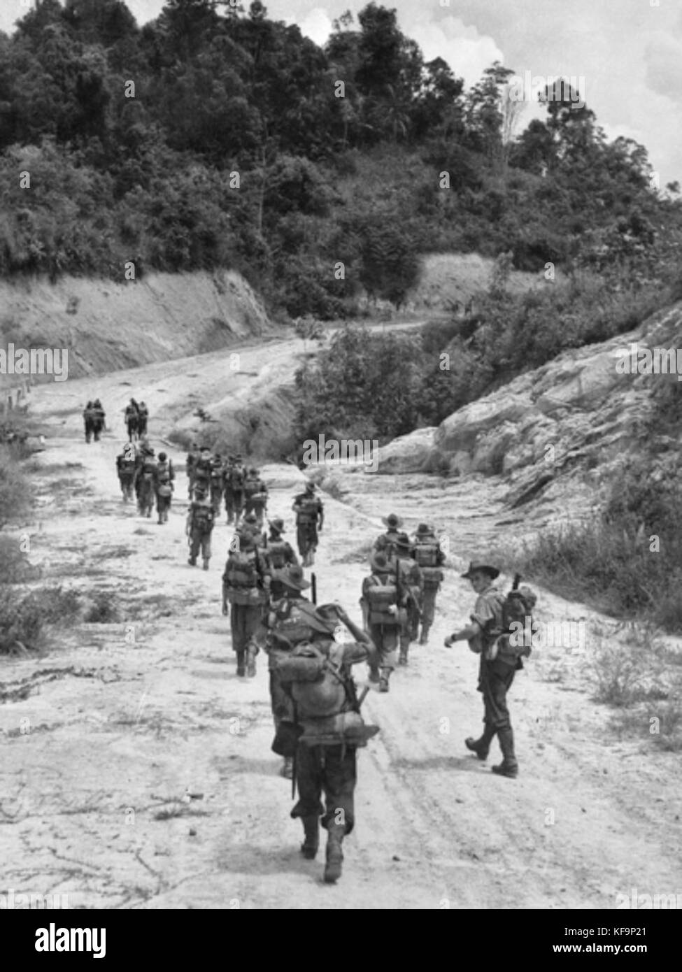 Les membres de la Compagnie B du 22 bataillon de mitrailleuses se déplaçant le long d'une route vers le Brunei AWM 109273 Banque D'Images
