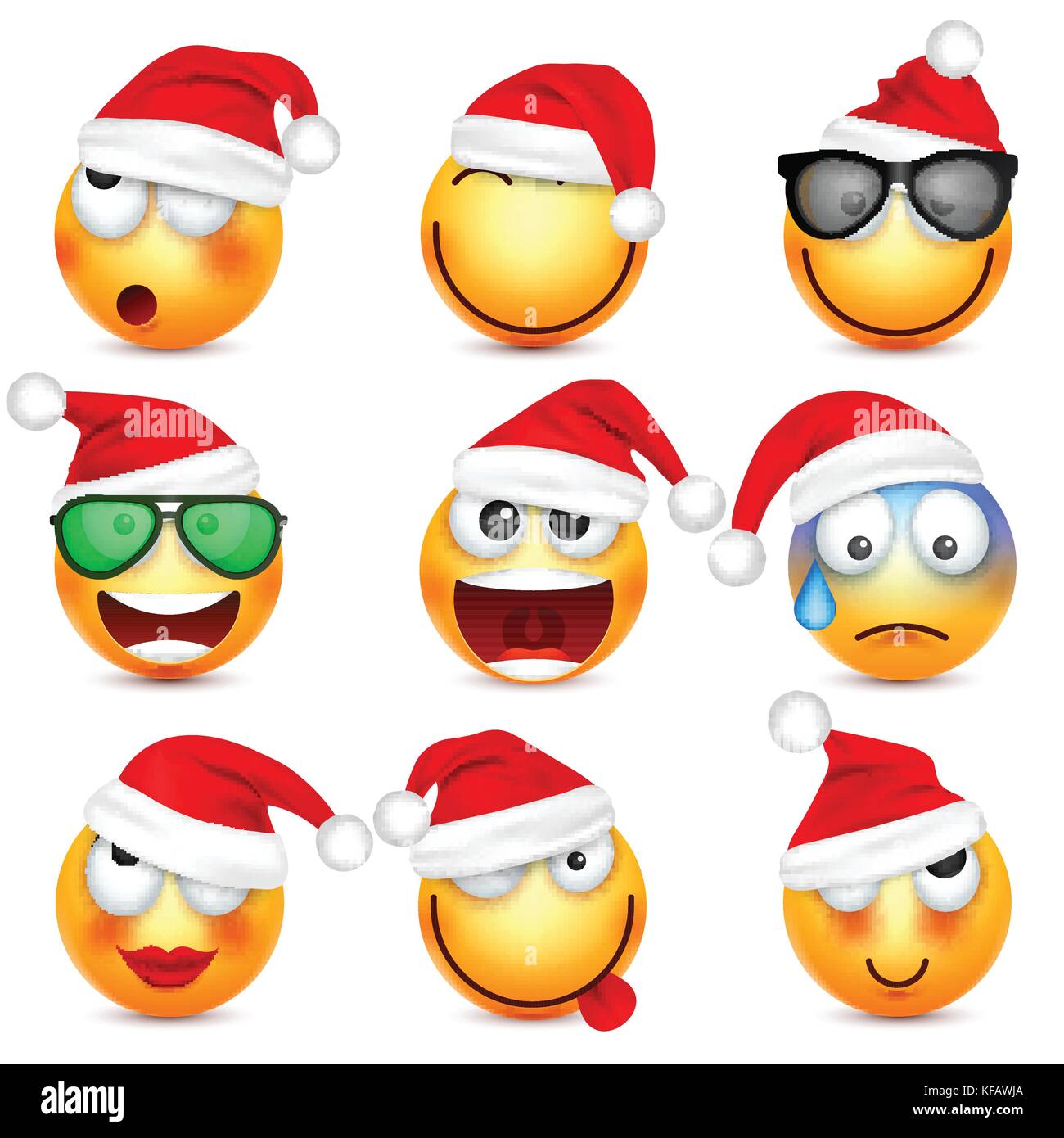 Smiley emoticon,set. avant jaune avec les émotions et de noël hat. nouvelle année, santa.winter. emoji triste,professionnels,faces en colère.funny cartoon character.humeur. vecteur. Illustration de Vecteur