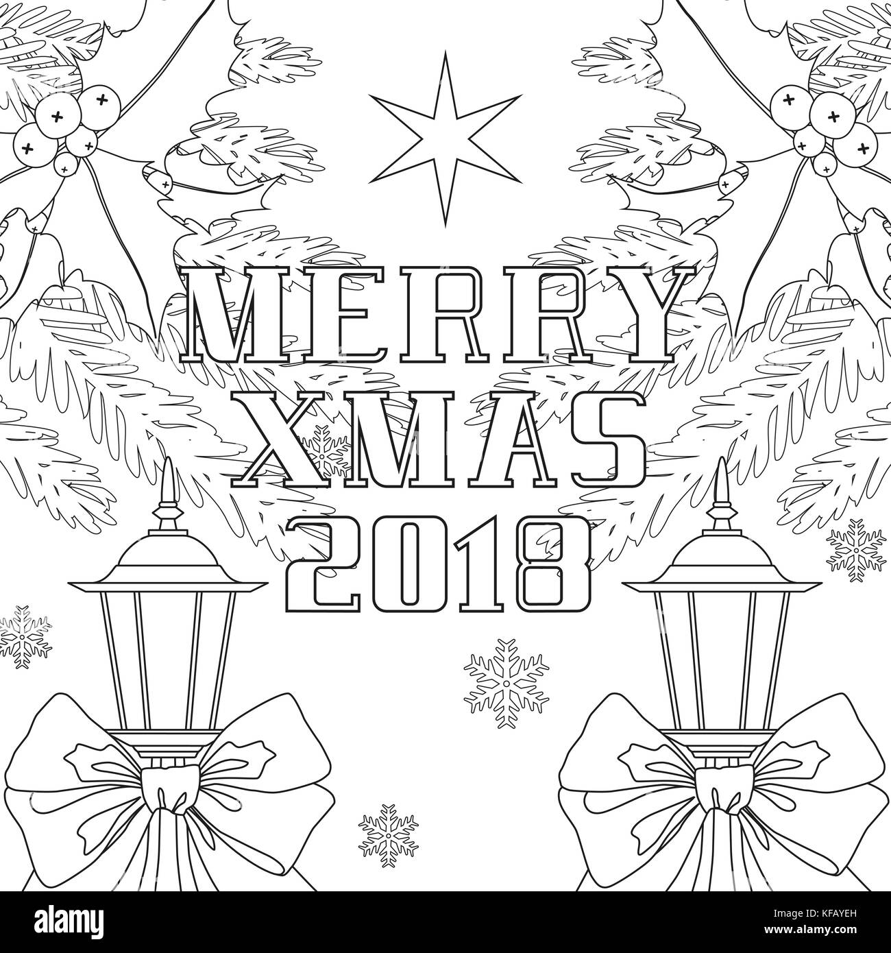 Joyeux Noël 2018 poster with ribbon bow, rue lanterne, branches d'arbres de Noël et des baies de houx. Illustration de Vecteur