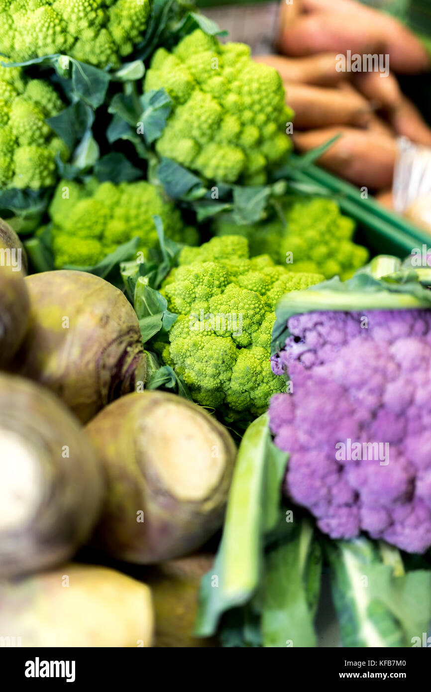 Close up of ripe et dynamique des légumes Romanesco vert violet derrière choux-fleurs et de suédois et d'une échoppe de marché dans le Yorkshire, UK Banque D'Images