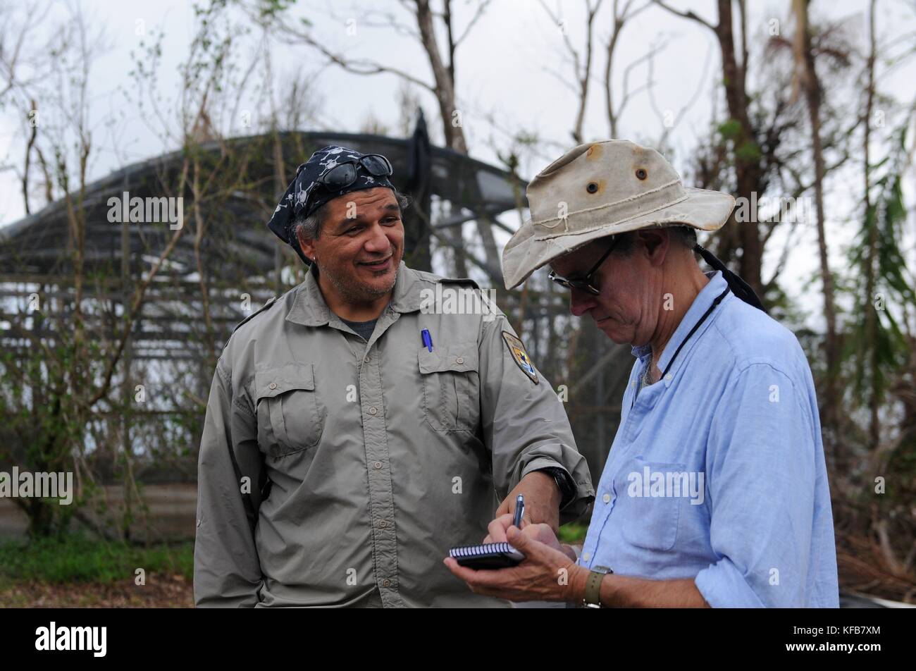 Jafet Velez (à gauche), biologiste de la faune sauvage de la forêt pluviale nationale d'El Yunque, et Mark Davis, officier des affaires publiques du U.S. Fish and Wildlife Service (USFWS), se rencontrent lors des opérations de secours au lendemain de l'ouragan Maria, le 14 octobre 2017, près de Rio Grande, Porto Rico. (Photo de Christina Westfall via Planetpix) Banque D'Images