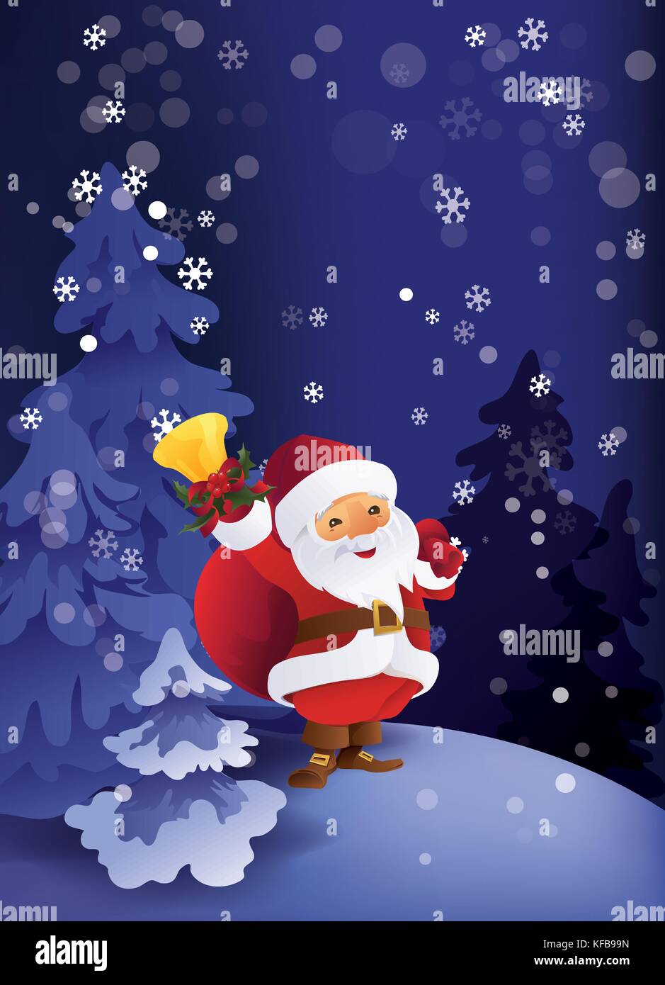 Carte de vœux de noël avec design d'hiver calme nuit enneigée en forêt. Le père Noël avec sac cadeau et Bell dans la main. Illustration de Vecteur