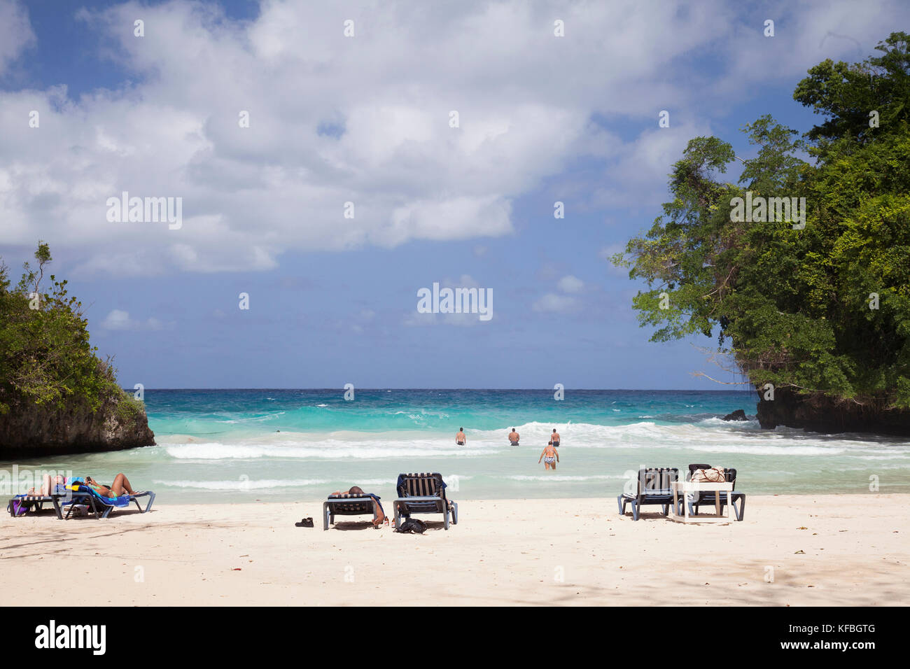 La JAMAÏQUE, Port Antonio. La plage de la Frenchman's Cove Resort. Banque D'Images