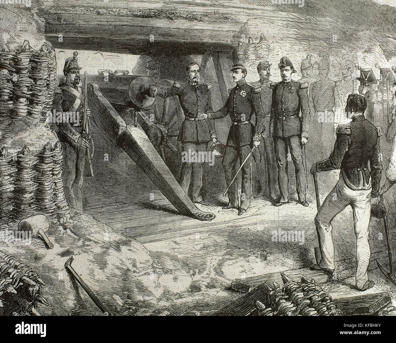 François II des Deux-Siciles (1836-1894). roi des Deux-Siciles de 1859 à 1861. Il était le dernier roi des Deux-Siciles. les invasions par Giuseppe Garibaldi et Victor Emmanuel II de la Sardaigne a mis un terme à son état, dans le cadre de l'unification italienne. Le roi François ii visite d'une batterie de canons à Gaeta. gravure par Janet-lange. l'illustration, journal universel. París, 1860. Banque D'Images