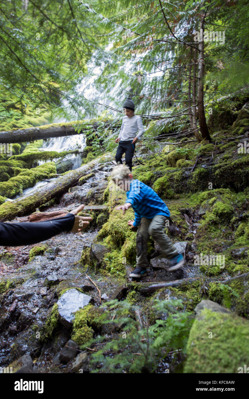 Usa, Oregon, Oregon Cascades, de jeunes garçons randonnée pédestre et découvrez les chutes proxy dans la wilamette national forest dans le début de l'automne, mckenzie pass Banque D'Images