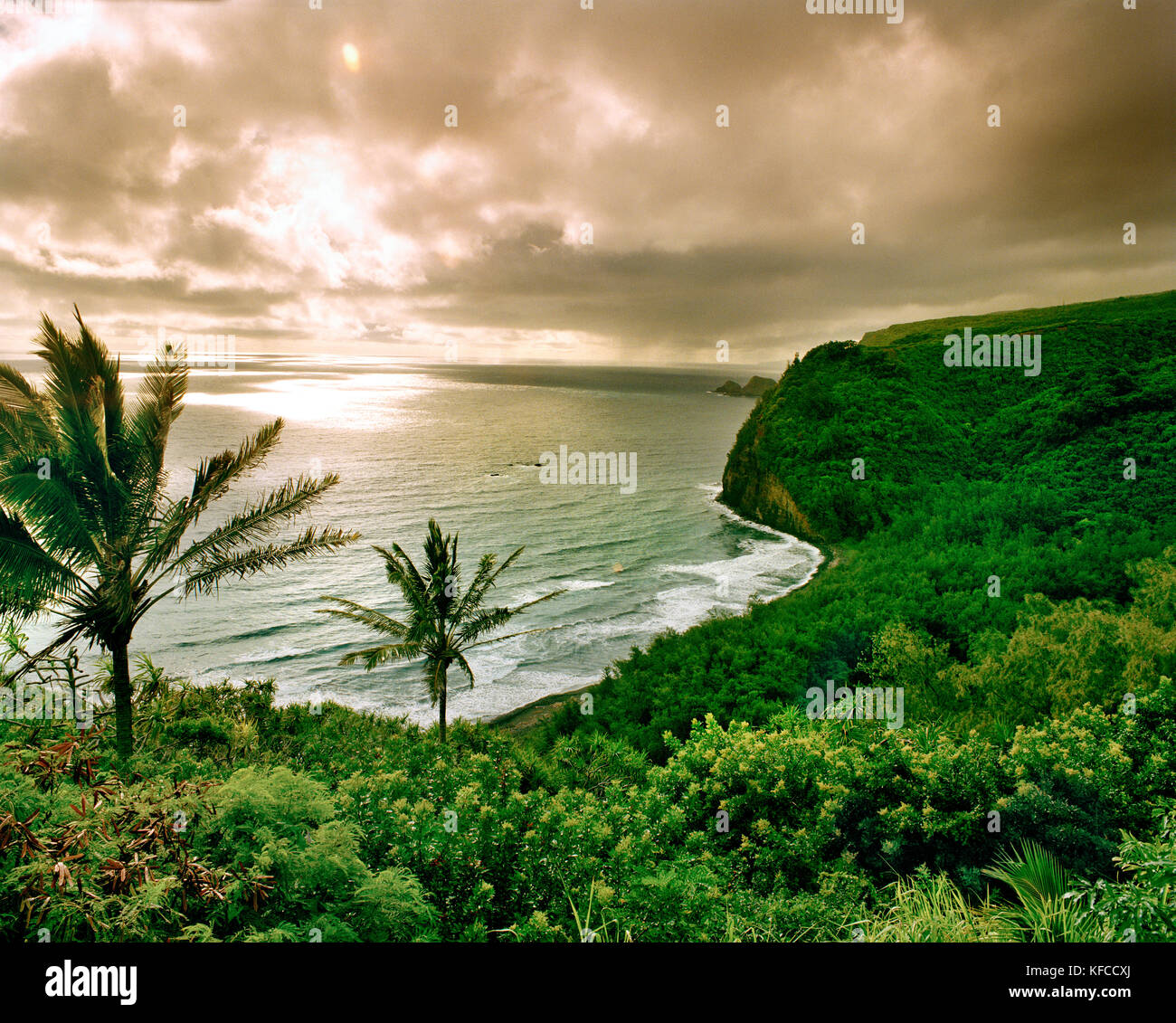 USA, Hawaii, la Grande Île, La Vallée de Pololu Lookout, vue panoramique sur une île contre ciel nuageux Banque D'Images