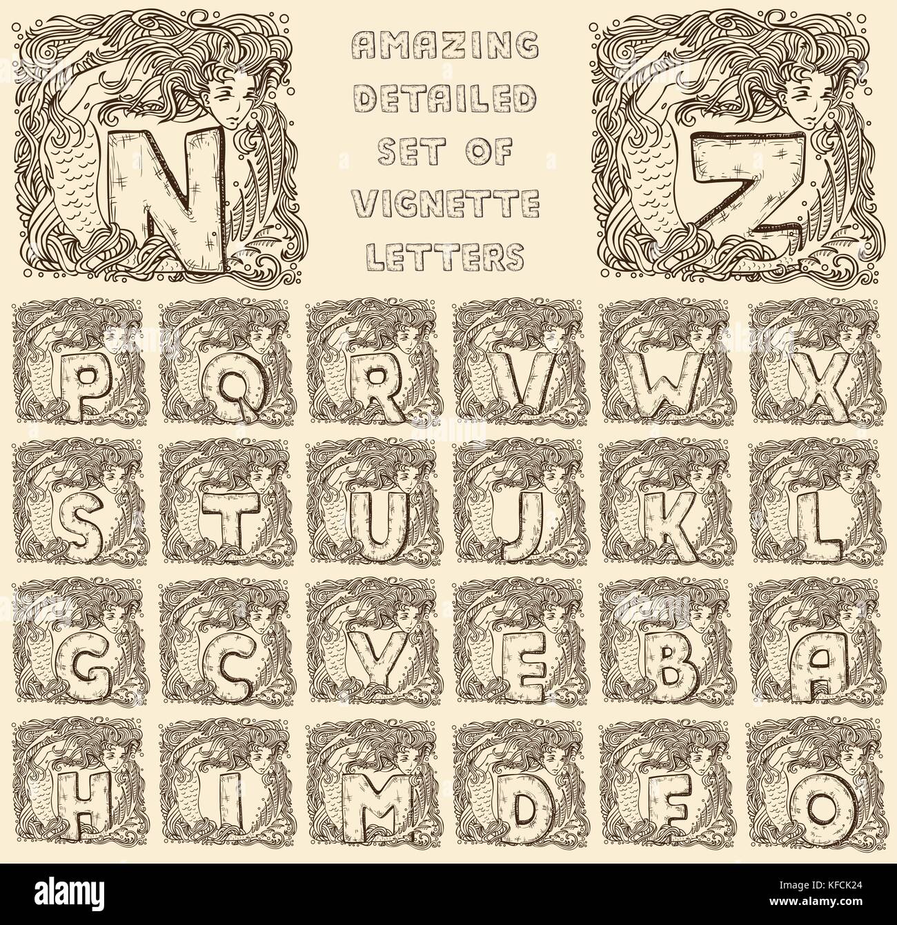 Alphabet de la marine vintage - lettres gravées en vignettes de sirènes - ensemble complet, prêt à l'emploi Illustration de Vecteur