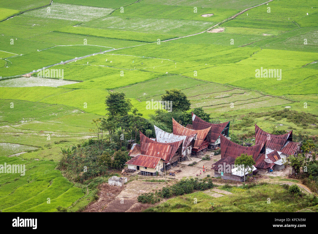 Maisons traditionnelles batak. Vue aérienne de la mer paysage vert et batak village composé de maisons uniques de la culture autochtone dans la région de Sumatra batak Banque D'Images