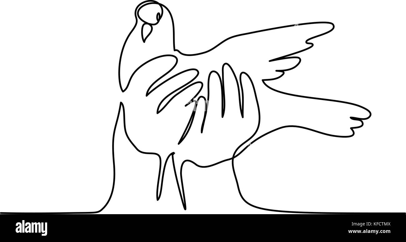Dessin d'une ligne continue. Pigeon dans les mains d'un logo. Vector illustration noir et blanc. Concept de logo, bannière, carte, affiche, flyer Illustration de Vecteur
