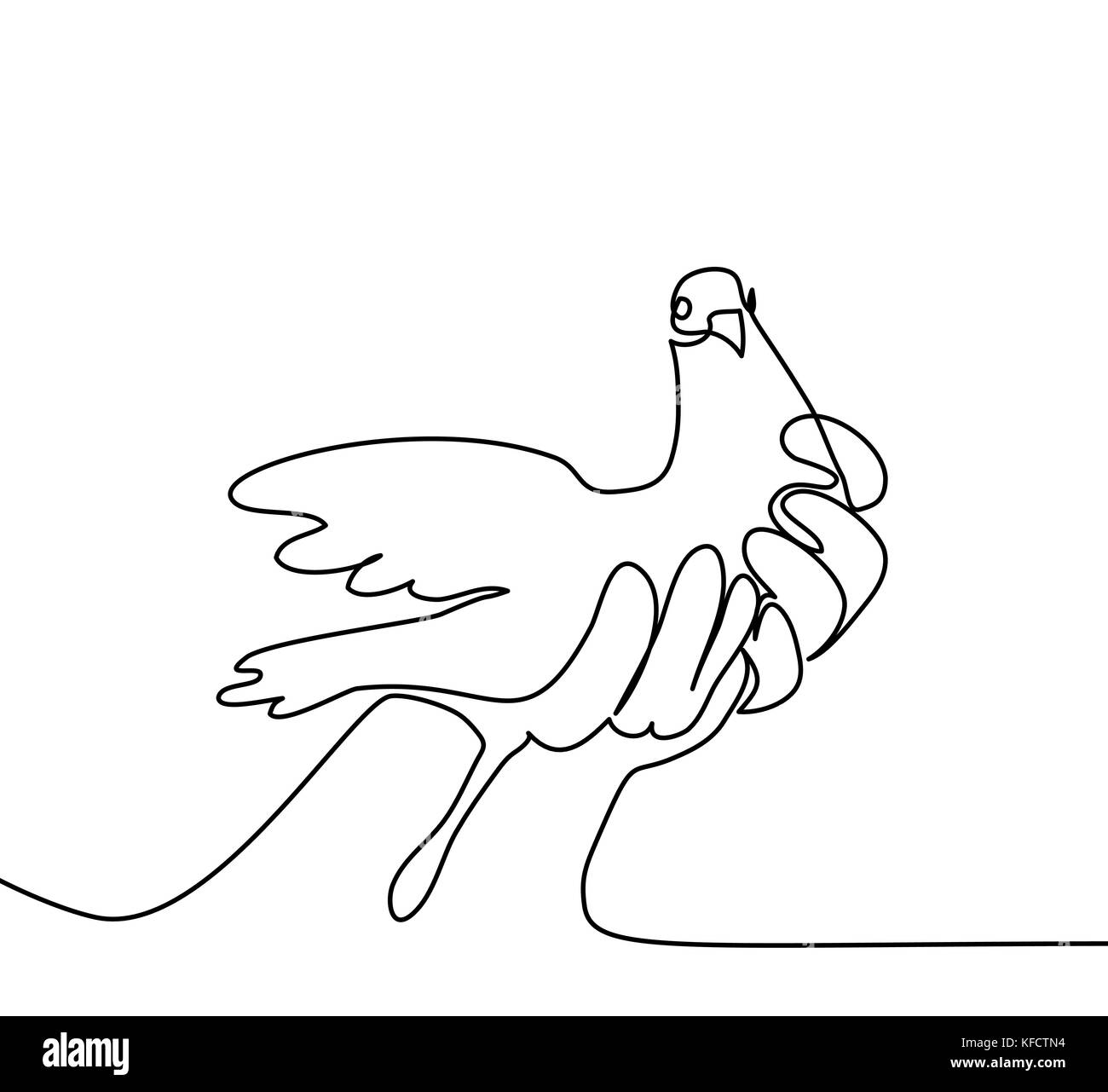 Dessin d'une ligne continue. Pigeon dans les mains d'un logo. Vector illustration noir et blanc. Concept de logo, bannière, carte, affiche, flyer Illustration de Vecteur