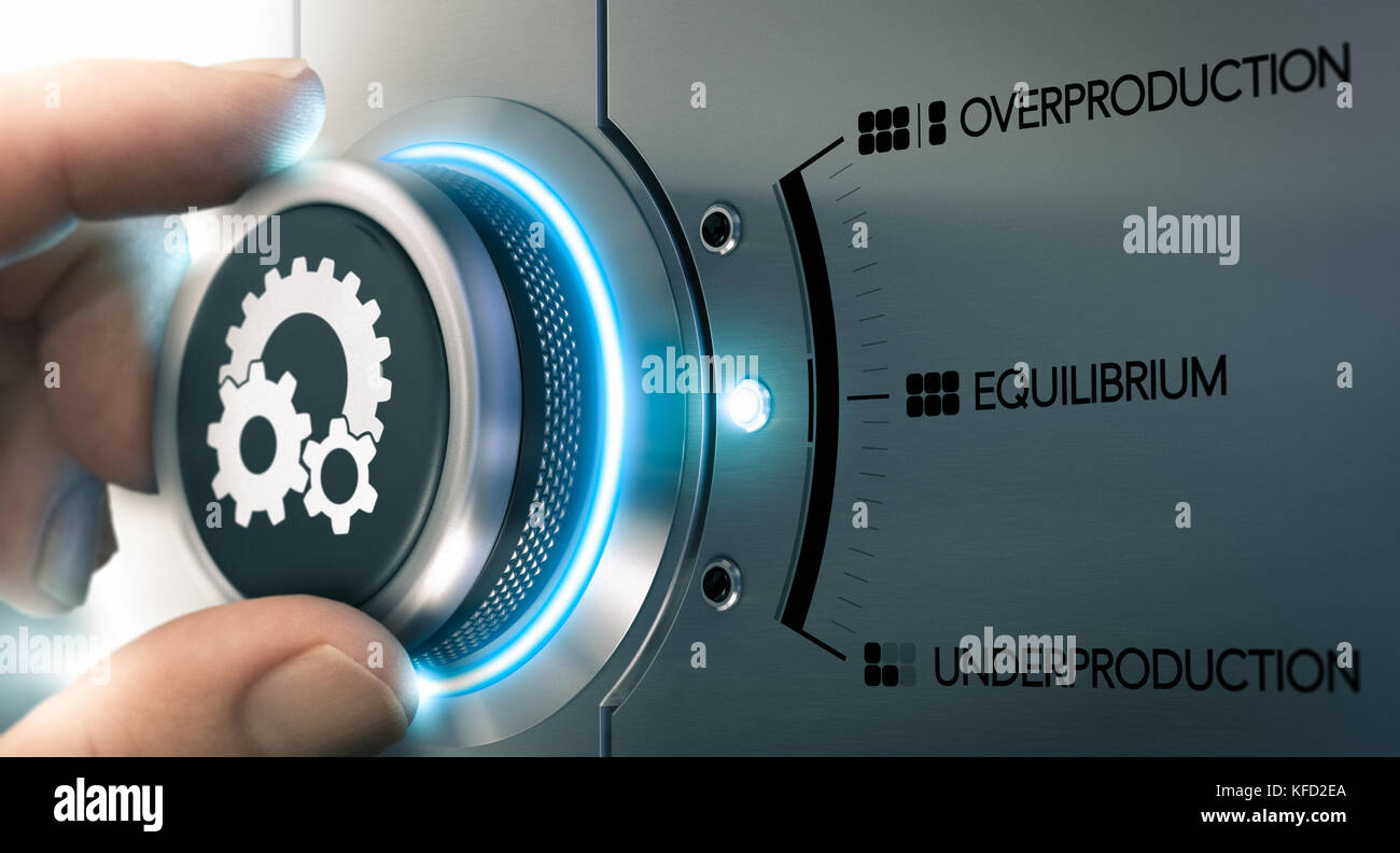 L'aide d'une molette à la main sur fond métallique avec les mots la surproduction, l'équilibre et la sous-production. concept de l'offre et de la demande. im composite Banque D'Images