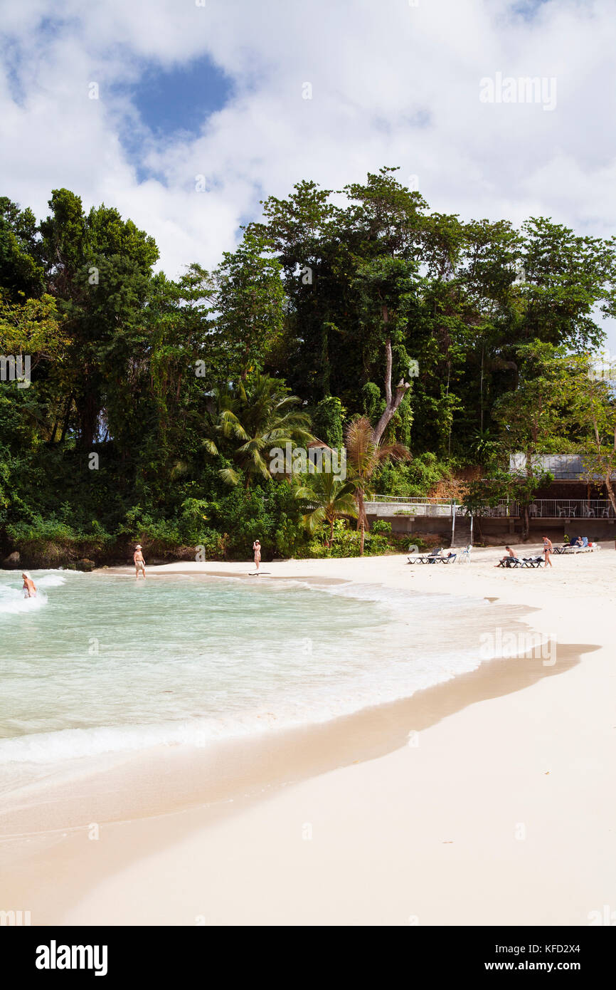 La JAMAÏQUE, Port Antonio. La plage de la Frenchman's Cove Resort. Banque D'Images